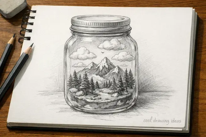 tiny world in jar drawing cool drawing ideas miniature world sketch