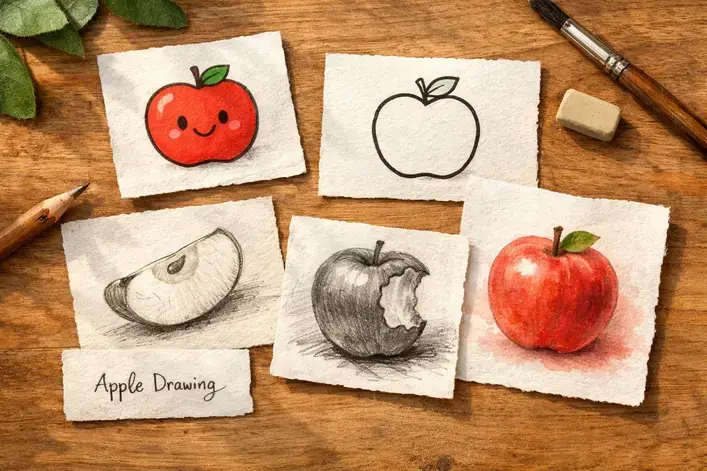 creative apple drawing ideas including cartoon and watercolor styles