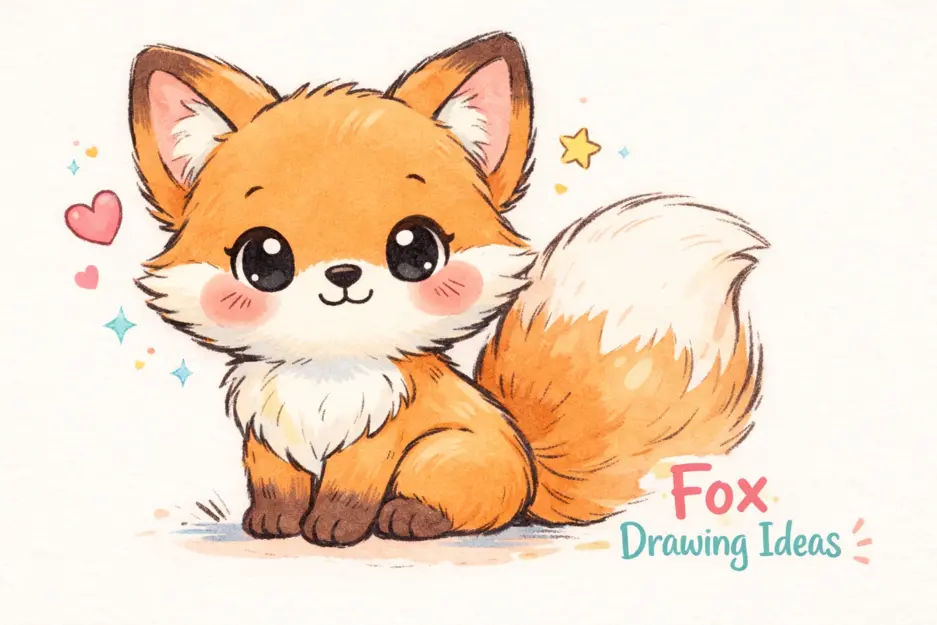 A cute kawaii style fox drawing with big eyes and a fluffy tail, featuring Fox Drawing Ideas in the corner.