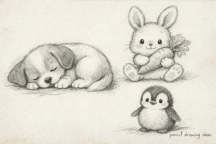 cute pencil drawing ideas animals for kids