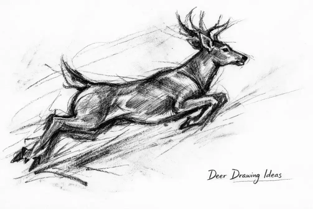 Deer Drawing Ideas: Dynamic charcoal sketch of a deer jumping, capturing movement.