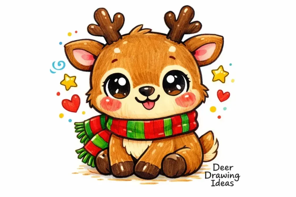 Deer Drawing Ideas: Cute kawaii reindeer drawing with big eyes and a scarf, perfect for kids.
