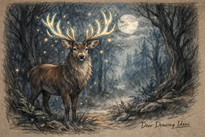 Deer Drawing Ideas: Magical deer with glowing antlers in a moonlit forest.