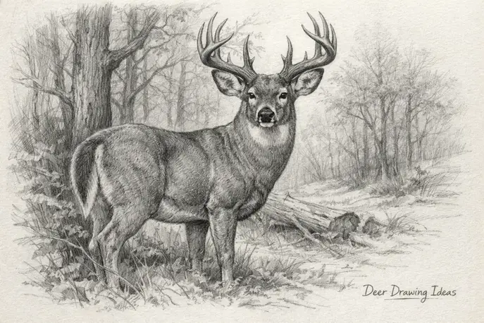 Deer Drawing Ideas: Realistic pencil sketch of a majestic buck deer in a forest, hand-drawn style.