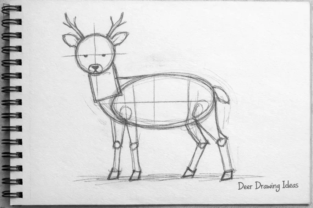 Deer Drawing Ideas: Step-by-step drawing of a deer using basic shapes for beginners.