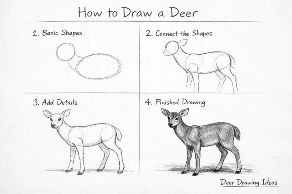 Deer Drawing Ideas: Step-by-step tutorial showing how to draw a deer from basic shapes to a finished sketch.