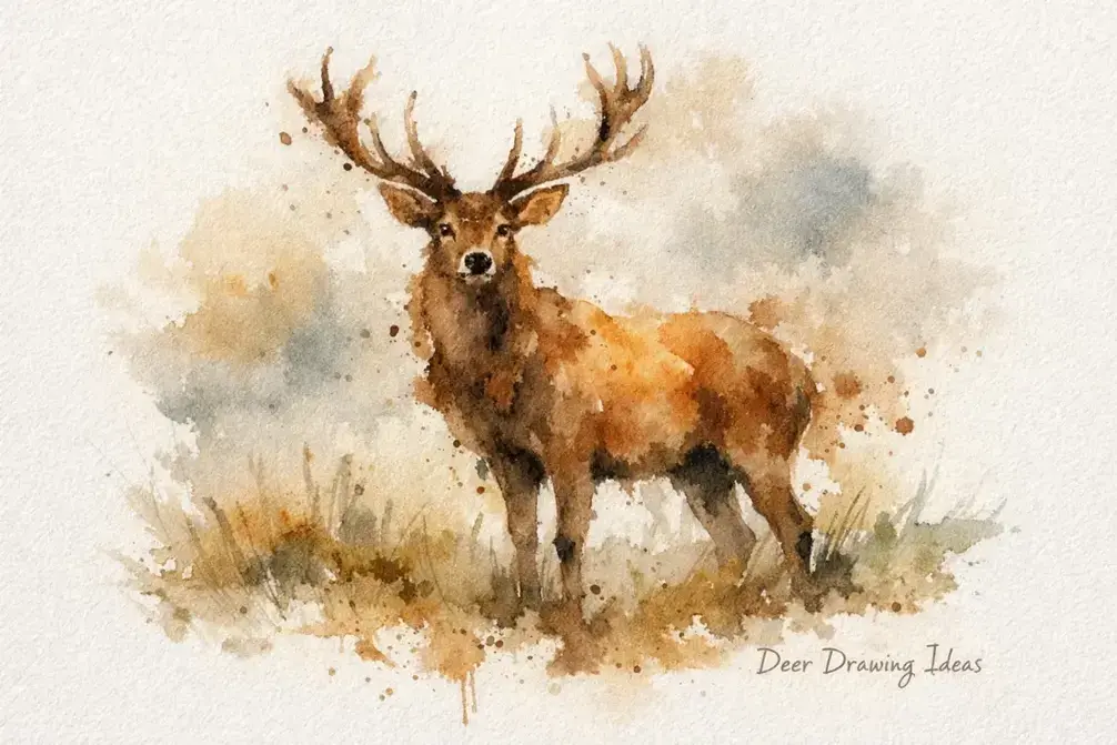 Deer Drawing Ideas: Artistic watercolor painting of a deer in a misty meadow.