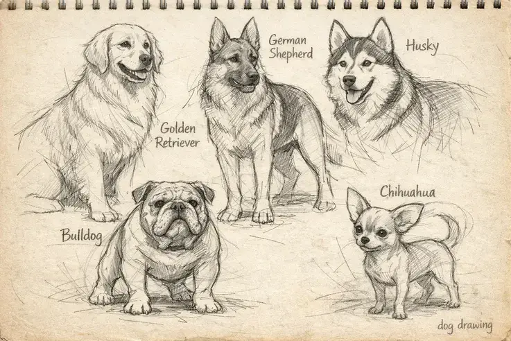 dog breed drawing comparison golden retriever husky bulldog