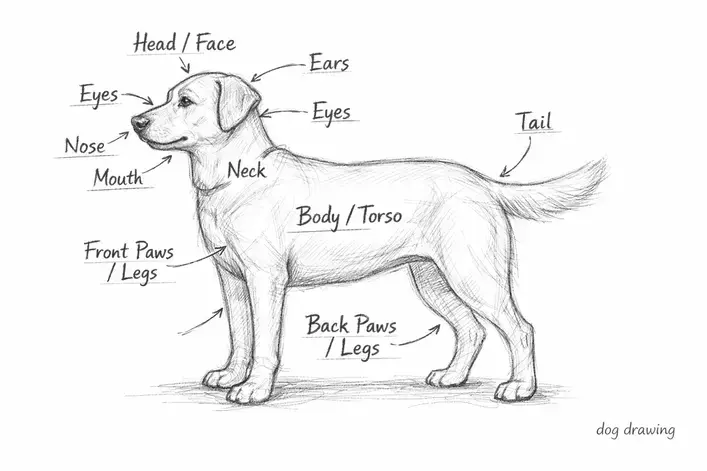 dog anatomy drawing guide labeled parts
