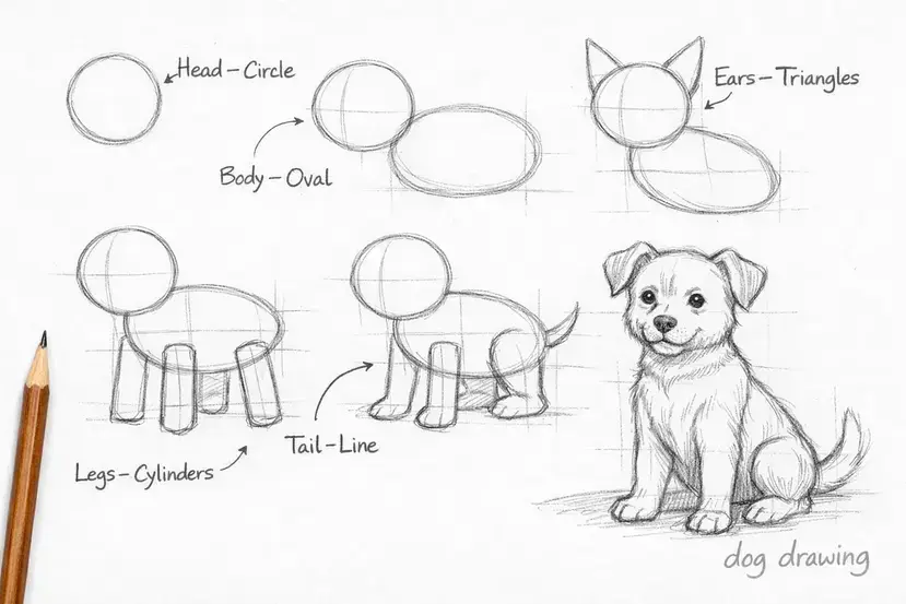 dog drawing basic shapes circle oval cylinder guide