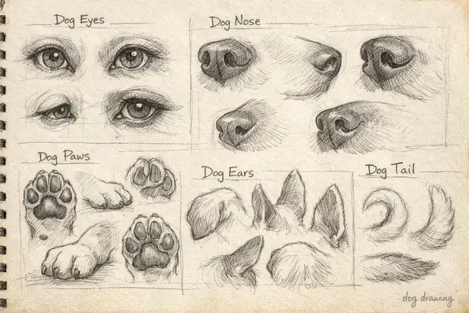 dog drawing parts study eyes nose paws ears