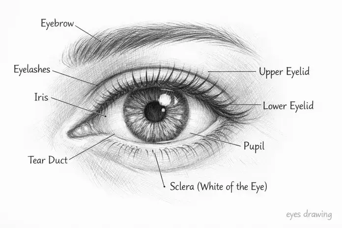 Labeled human eye anatomy diagram for eyes drawing tutorial