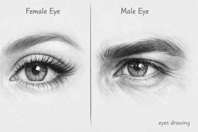 Side-by-side comparison of female and male eyes drawing for artists