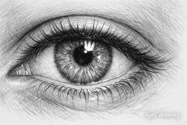 Realistic human eyes drawing in pencil, showing iris, pupil, and eyelashes