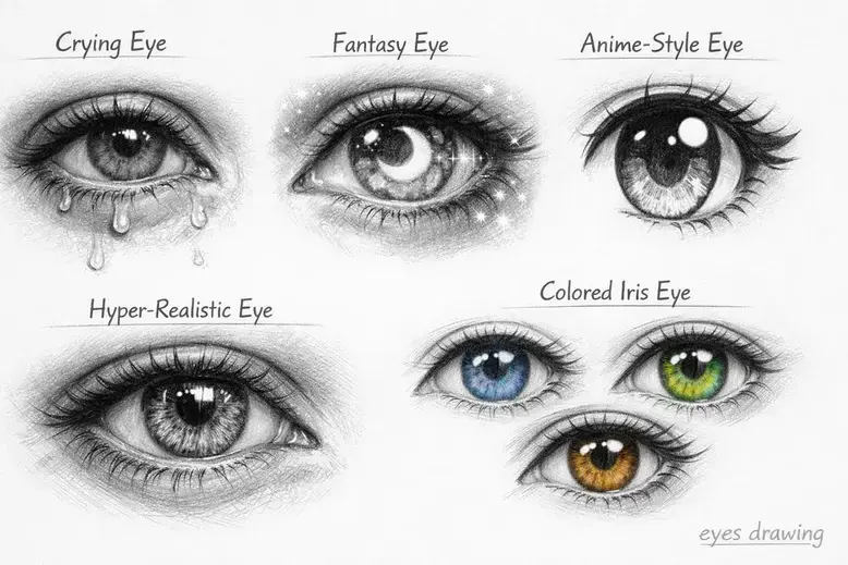 Creative eyes drawing ideas including fantasy, crying, anime, and hyper realistic styles