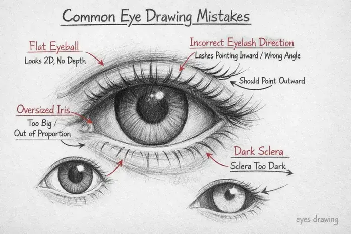 Common eyes drawing mistakes for beginners with annotations