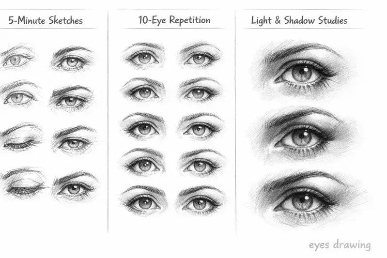 Eyes drawing practice exercises for beginners including sketching and shading studies