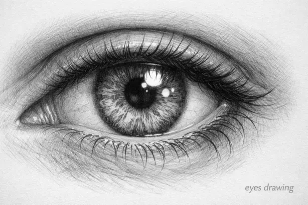 Realistic eyes drawing with detailed shading, iris texture, and highlights