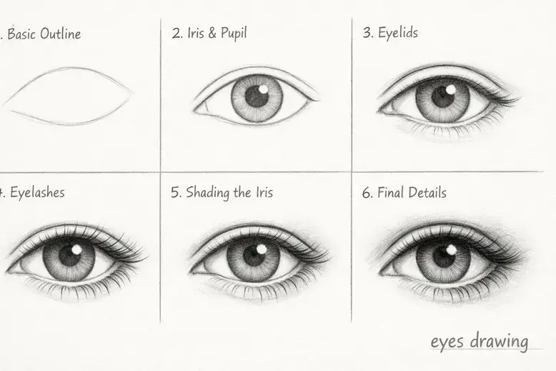 Step-by-step human eyes drawing stages from basic shape to realistic details