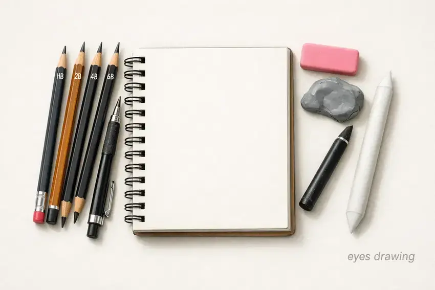 Essential tools for eyes drawing: pencils, eraser, sketchbook, blending stump