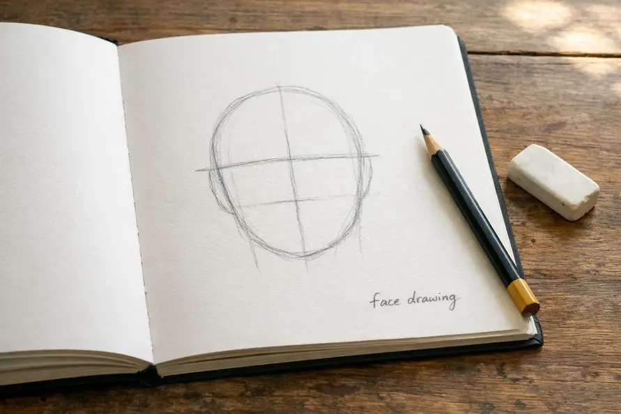 face drawing beginner sketch showing simple head structure and guidelines