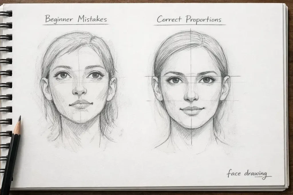 face drawing mistakes showing incorrect eye placement and poor proportions