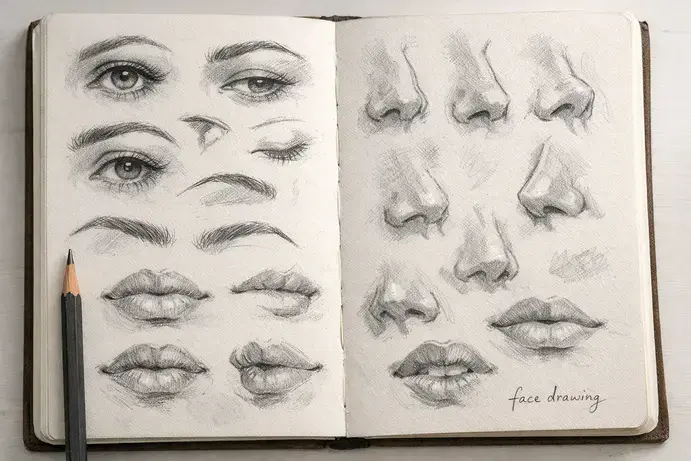 face drawing practice sheet showing eyes nose lips and eyebrows sketches