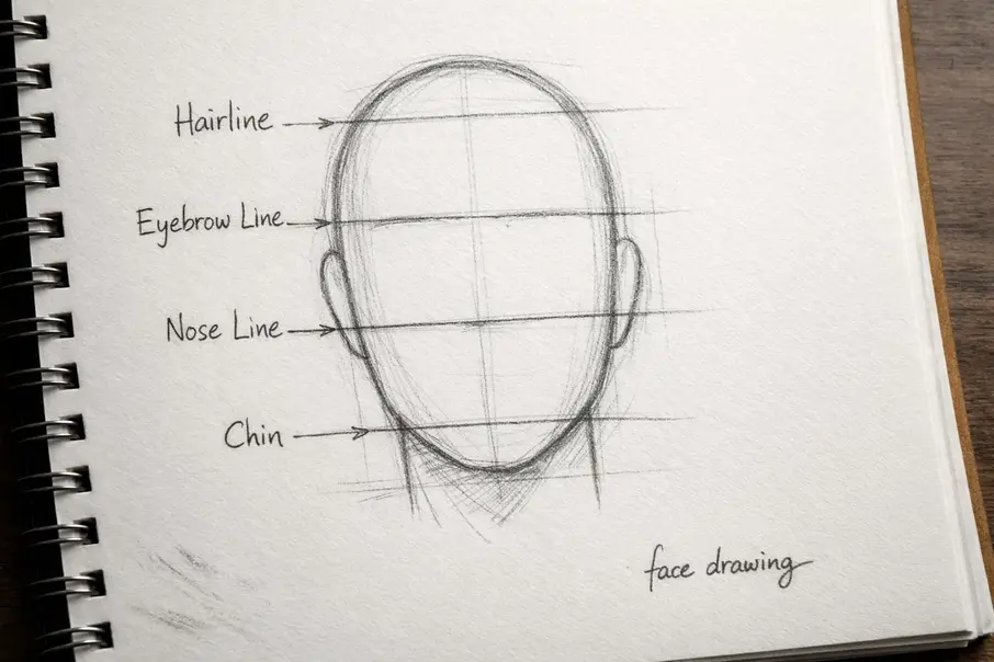 face drawing proportions guide showing hairline eyes nose and chin placement
