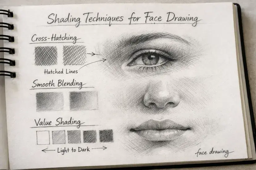 face drawing shading techniques including cross hatching blending and value shading