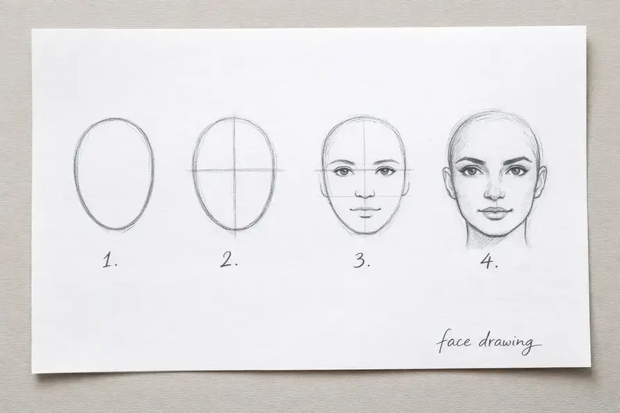 face drawing step by step tutorial showing head shape guidelines and finished sketch