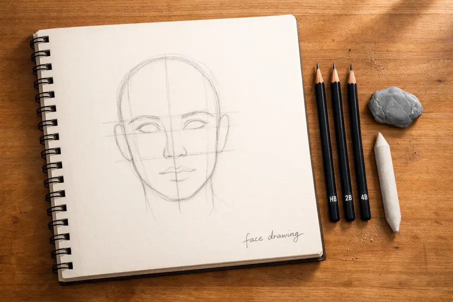face drawing tools including graphite pencils sketchbook eraser and blending stump