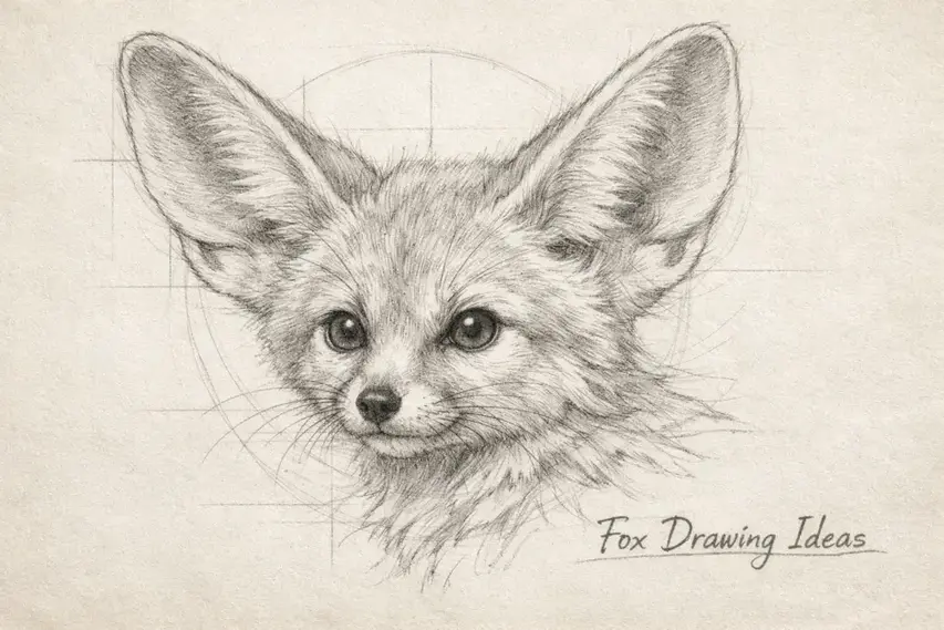 A detailed anatomical sketch of a Fennec fox with large ears, part of our Fox Drawing Ideas guide.