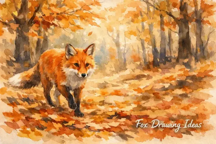 A beautiful drawing of a fox running through autumn leaves, a creative example of Fox Drawing Ideas.