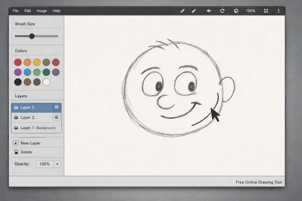 Free Online Drawing Tool canvas with brush, colors, and layers interface