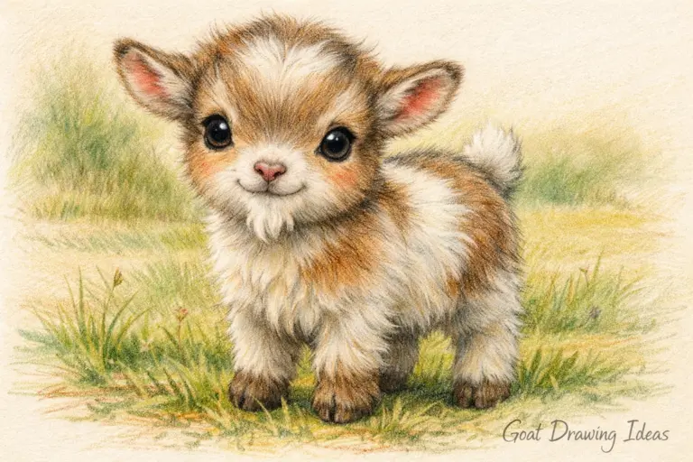 Goat Drawing Ideas: A charming colored pencil drawing of a cute baby goat standing in a grassy field.