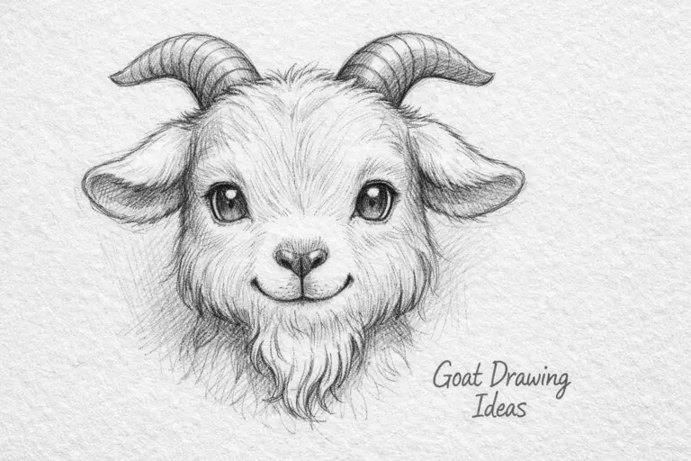 Goat Drawing Ideas: A realistic pencil sketch of a cute goat face with curved horns and a soft beard.