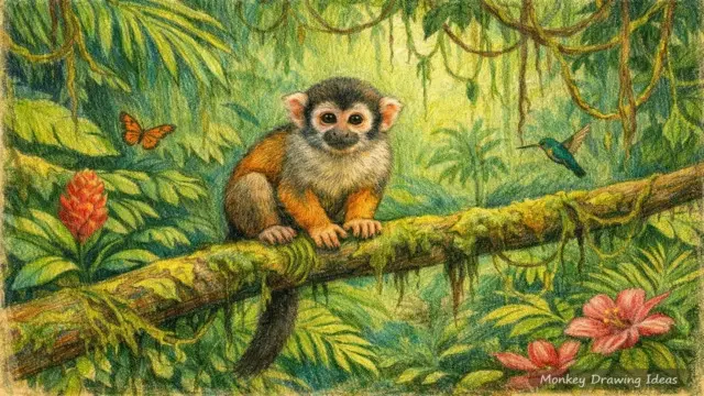 Composition of jungle monkey drawing ideas featuring a monkey sitting on a branch surrounded by lush leaves and vines.