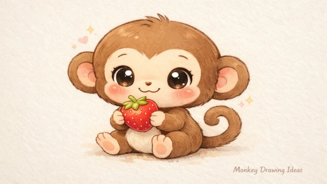 Adorable kawaii monkey drawing ideas featuring a monkey with big sparkling eyes and blush, holding a tiny strawberry.