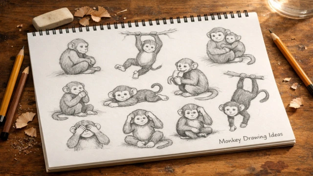 A sketchbook showing various monkey drawing ideas surrounded by pencils and erasers.