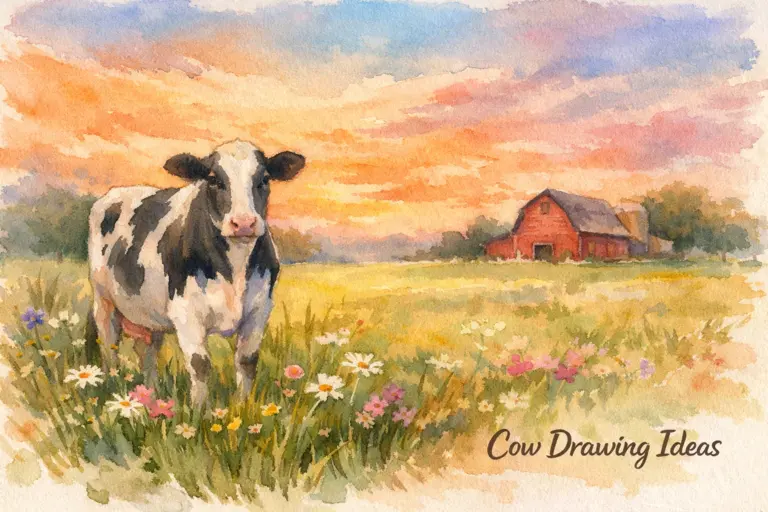 A beautiful drawing of a cow in a peaceful meadow with flowers and sky, a creative example of cow drawing ideas.