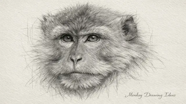 Detailed realistic monkey drawing ideas showing a pencil sketch of a macaque monkey with careful fur texture and shading.