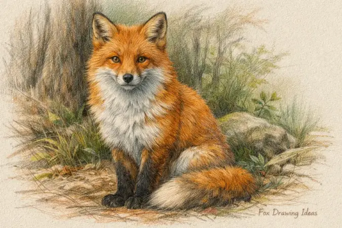A realistic colored pencil drawing of a red fox with vibrant orange fur, showing Fox Drawing Ideas in the corner.