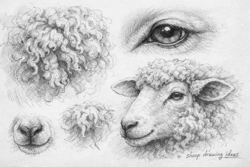 Detailed realistic sheep drawing idea focusing on wool texture and shaded facial features.