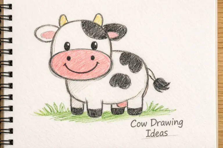 A simple, easy sketch of a smiling cow for beginners, labeled with Cow Drawing Ideas in the corner.