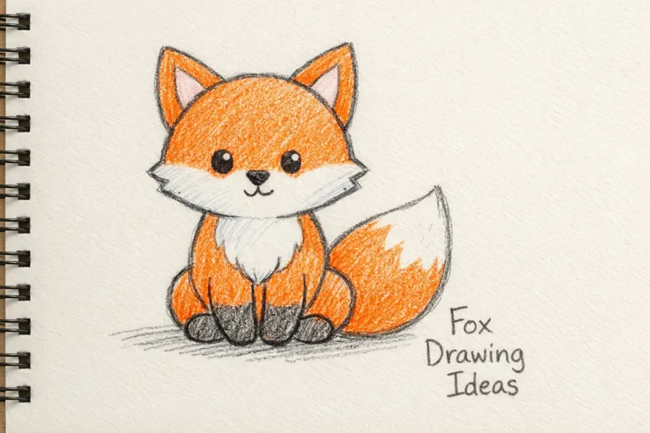 A simple and easy sketch of a sitting fox for beginners, labeled with Fox Drawing Ideas in the corner.