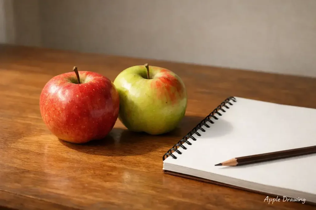 still life apple drawing setup with natural light and shadow