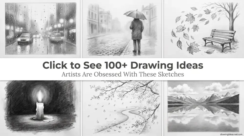 Creative drawing ideas collage featuring rainy windows, a person with an umbrella, autumn leaves by a bench, candle light sketch, cherry blossom pathway, and mountain lake reflections in pencil art style.