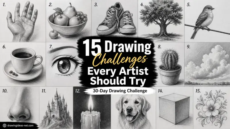 Drawing ideas collage featuring 15 pencil sketch challenges including hand, fruit bowl, shoes, tree, bird, coffee cup, eye, cactus, clouds, nose, castle, candle, dog, cube, and floral artwork.