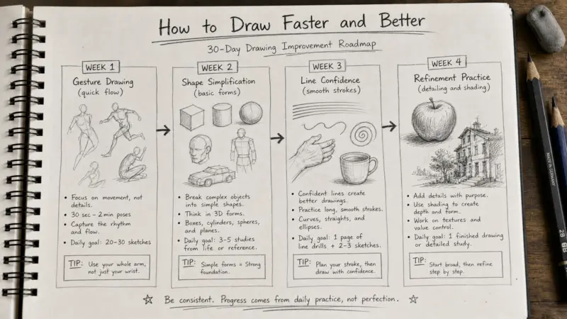 Structured 30-day drawing improvement practice schedule