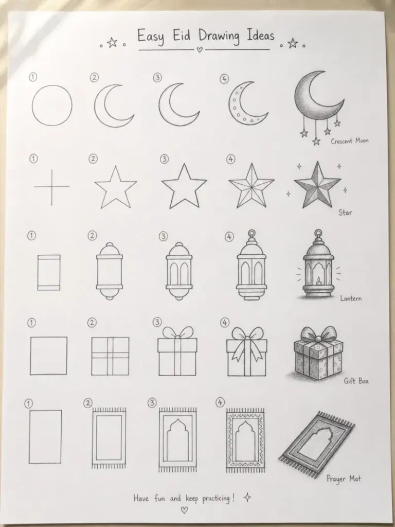 Easy Eid Drawing Ideas quick 5 minute Eid sketches step by step